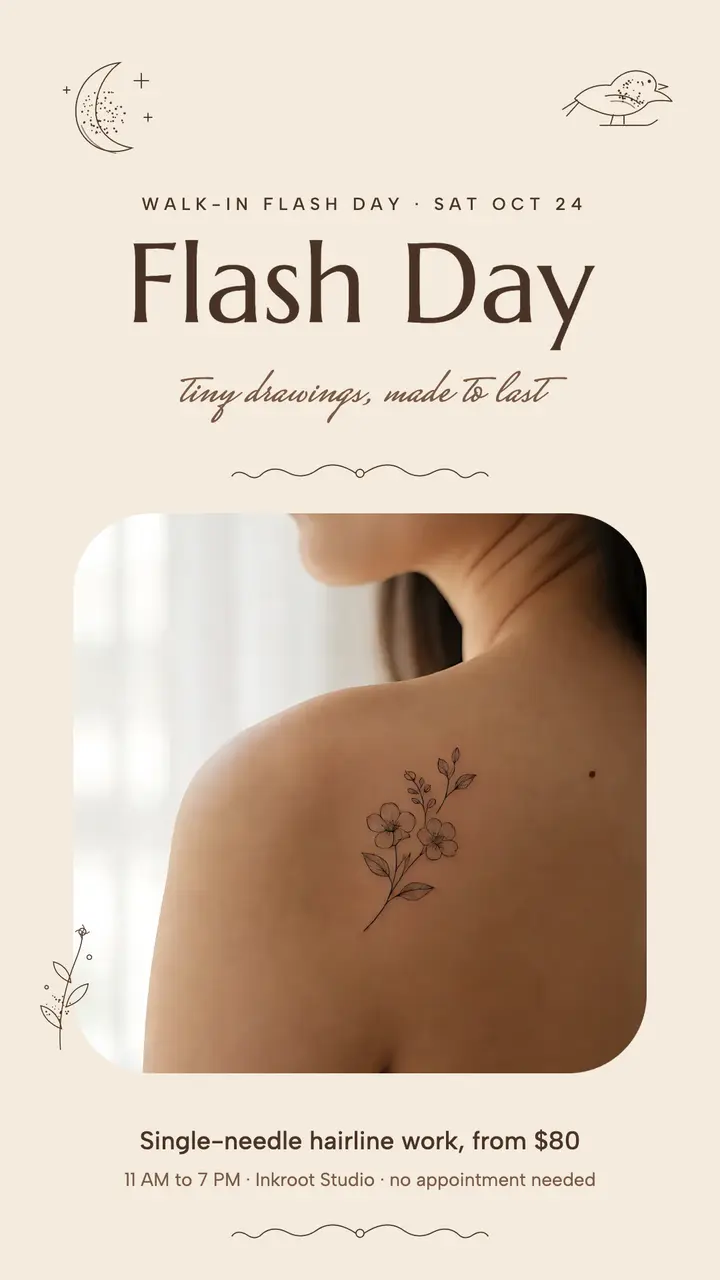 Inkroot fine-line tattoo flash day story template