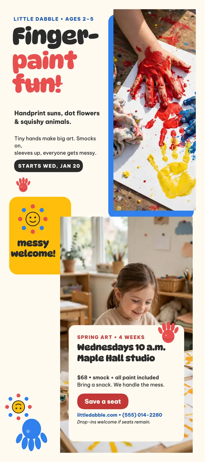Little Dabble finger-paint class rack card: preschool art class rack card template