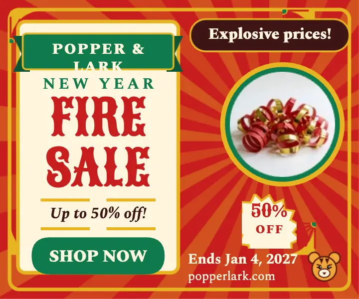 Popper and Lark New Year firecracker sale ad template
