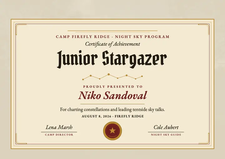 Camp Firefly Ridge stargazer certificate template