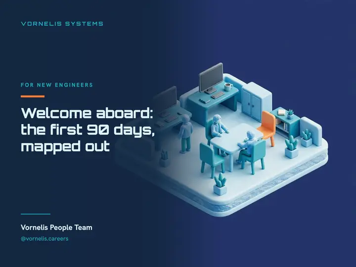 First 90 days welcome slide, isometric office tile template