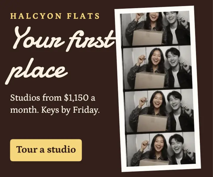 Halcyon Flats first apartment ad 300x250, photo booth strip: first apartment studio leasing medium rectangle ad template