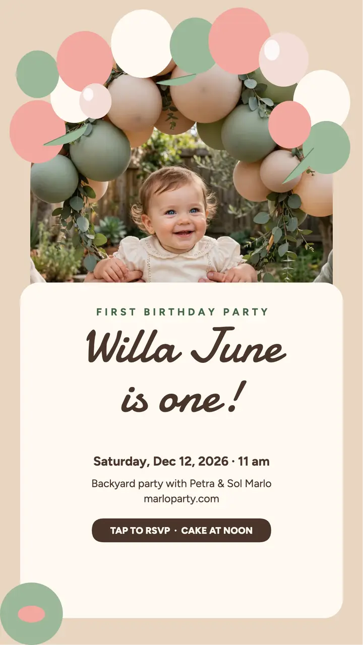 Willa June first birthday balloon story: first birthday invite story template