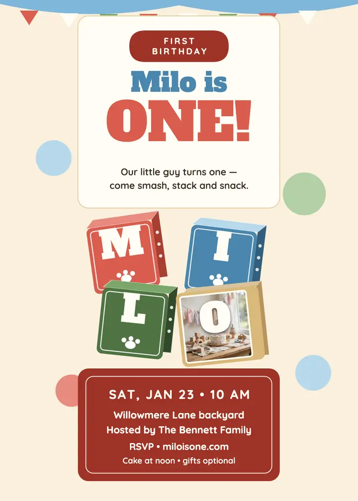 Milo blocks first birthday invite template