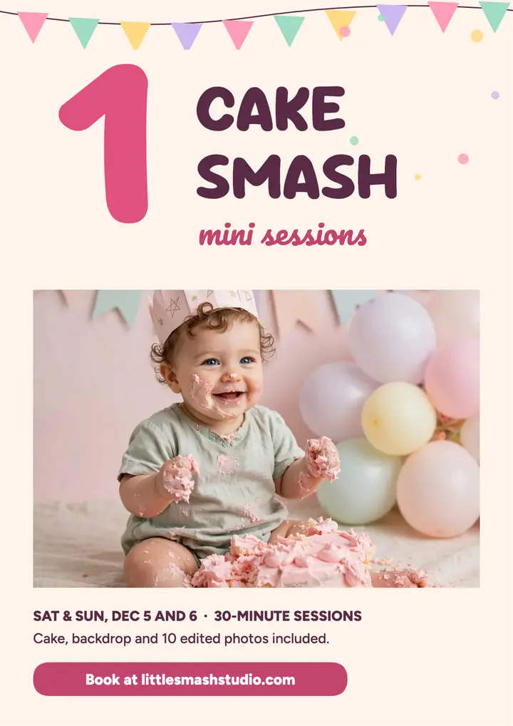Little Smash Studio first birthday cake smash flyer: cake smash session flyer template