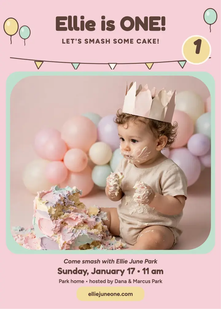 Ellie first birthday cake smash invite: first birthday invitation template