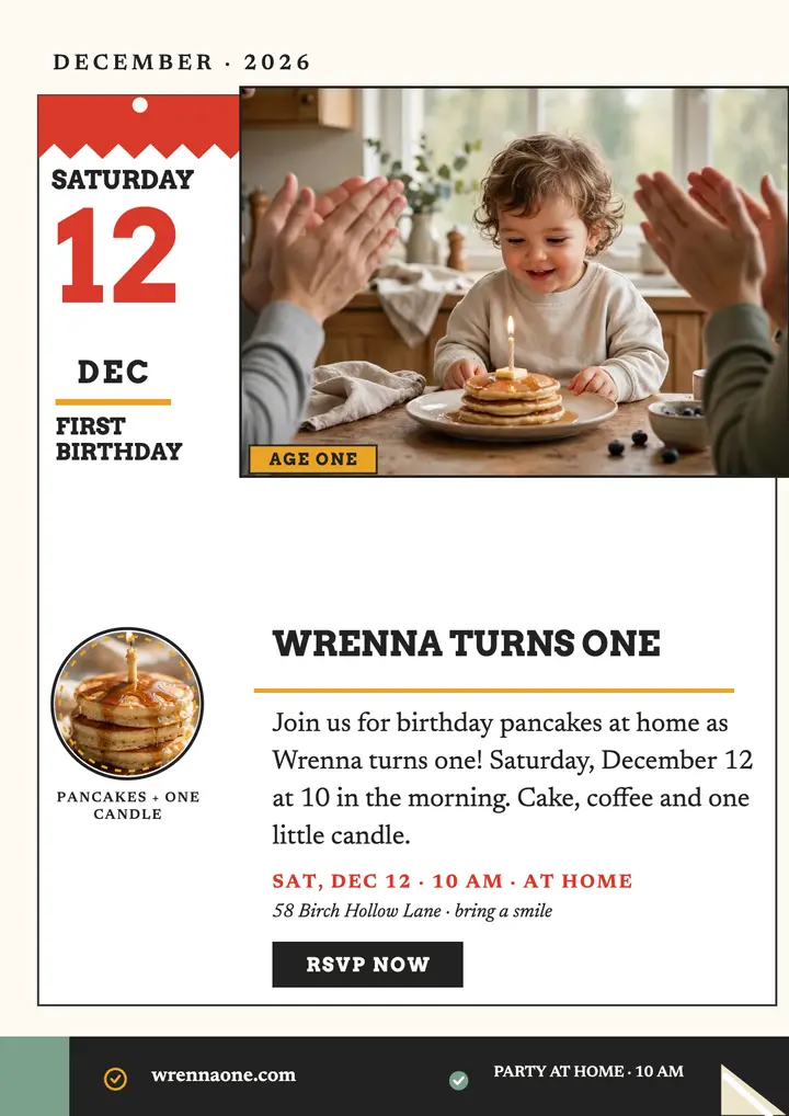 Wrenna first birthday calendar flyer: first birthday flyer template