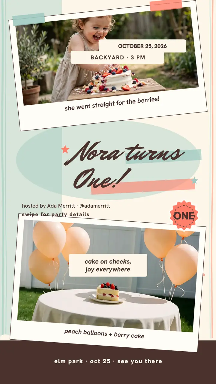 Nora turns One instant story: first birthday story template