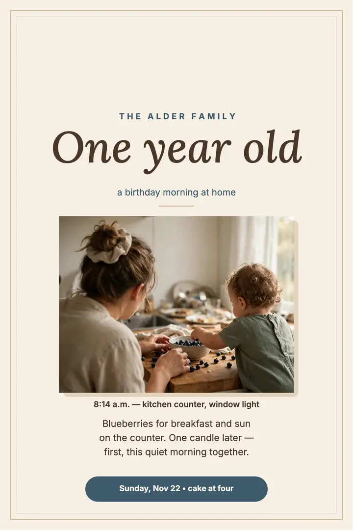 Alder family first birthday morning poster template