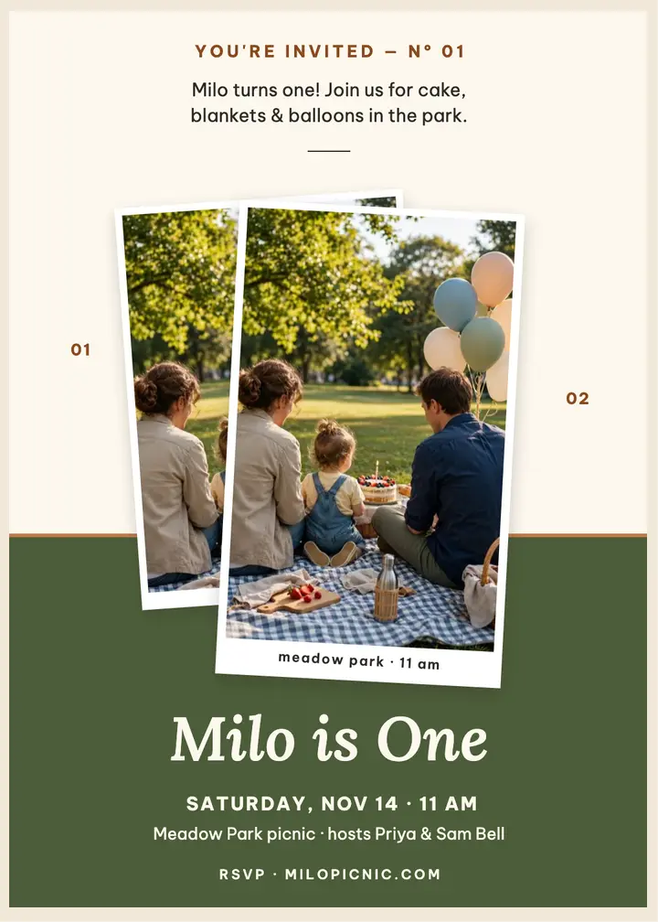 Milo's first birthday picnic invitation template