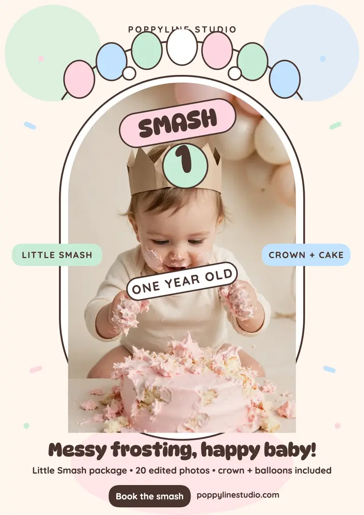First birthday cake smash flyer, Poppyline template