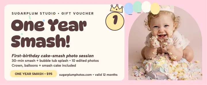 Sugarplum first-birthday smash voucher: cake smash gift voucher template
