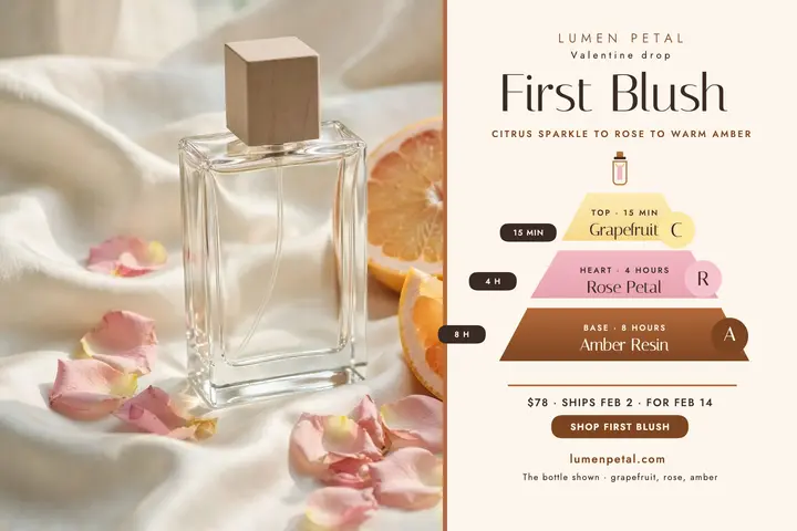 First Blush perfume drop postcard template