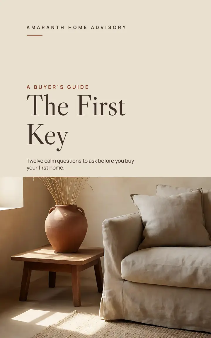 The First Key home buyer guide cover, quiet luxury template