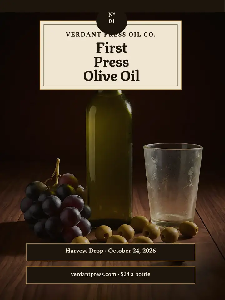 Verdant Press first-press olive oil launch portrait: olive oil launch post template