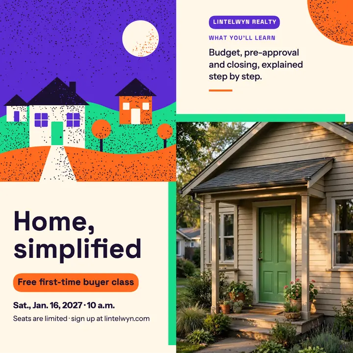 Lintelwyn first-time buyer class post, grain-shaded vector template