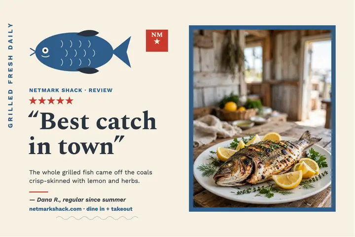 Netmark Shack grilled fish review postcard template