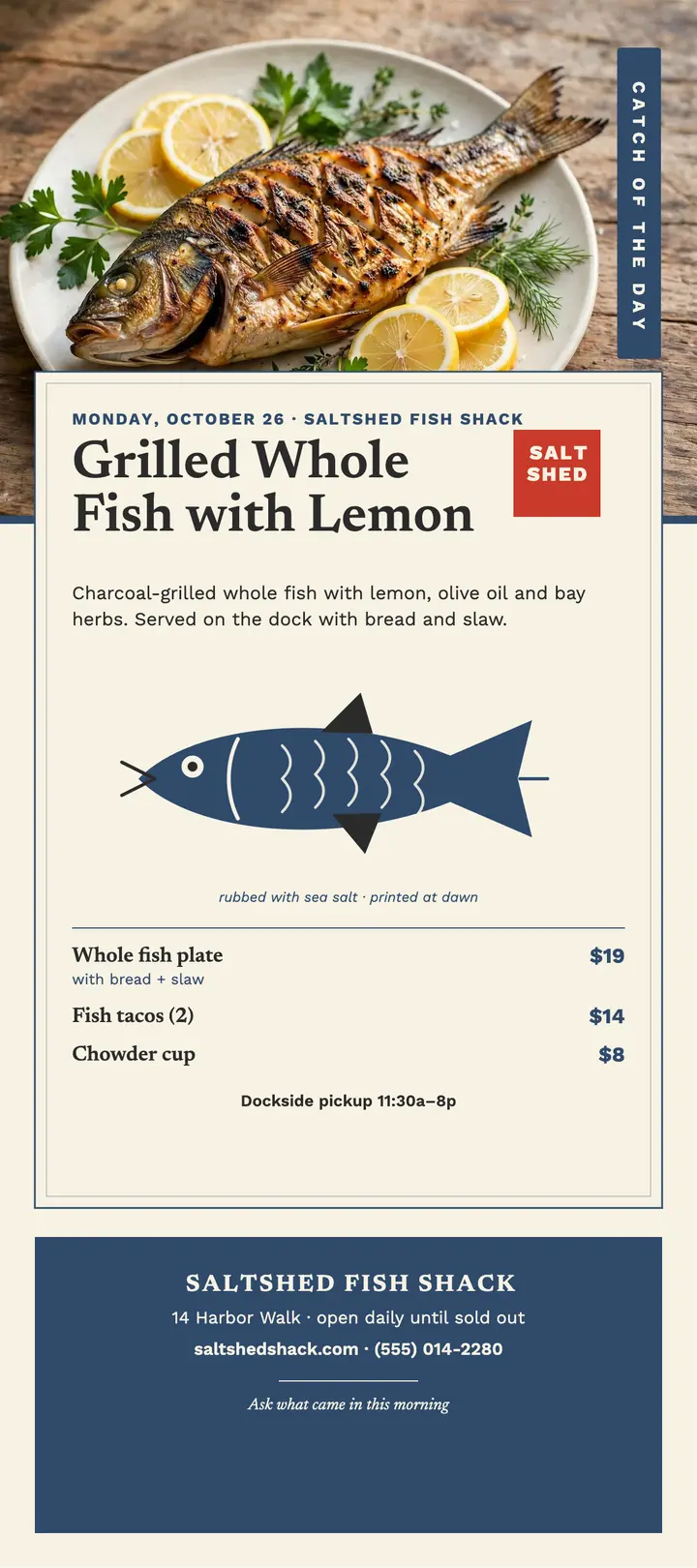 Saltshed Fish Shack catch of day card template