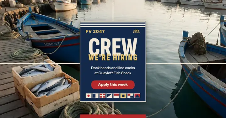 Quayloft Fish Shack crew hiring post: hiring post template