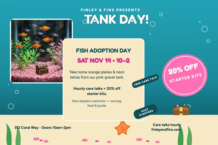 Finley and Fins Tank Day postcard: fish adoption postcard template