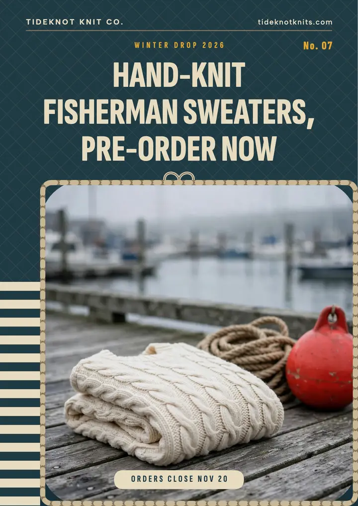 Tideknot Knit Co. fisherman sweater pre-order flyer template