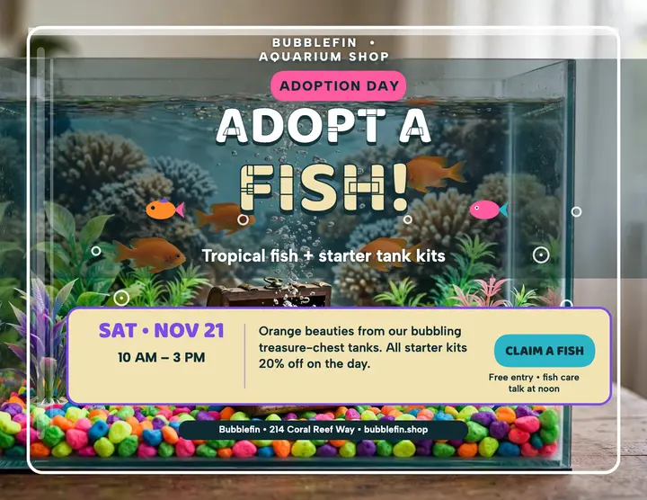 Bubblefin tropical fish adoption day flyer template