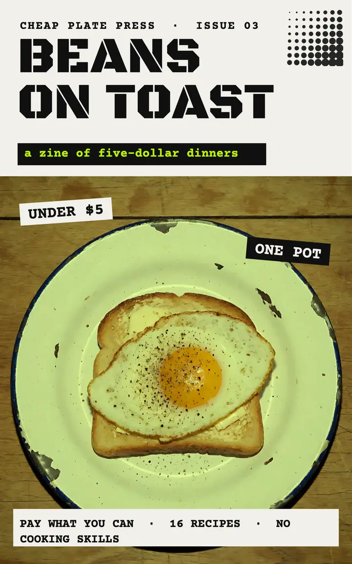 Beans on Toast five-dollar dinners zine cover: cheap dinner recipes zine cover template