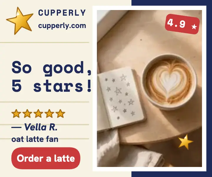Cupperly five-star latte review card template