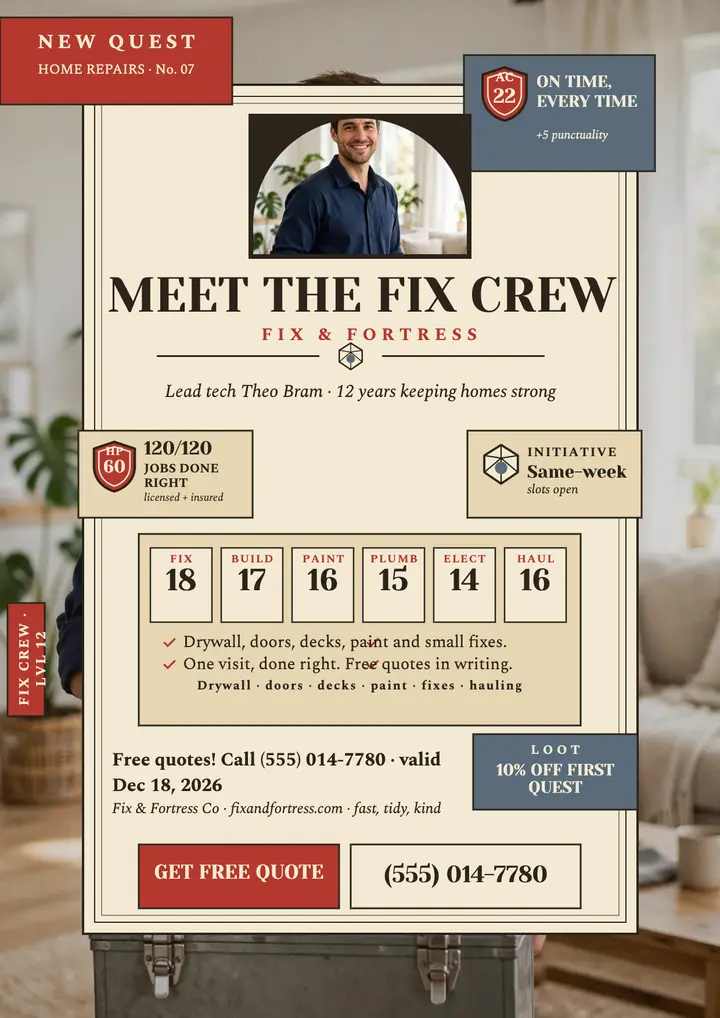 Fix and Fortress crew quest flyer template
