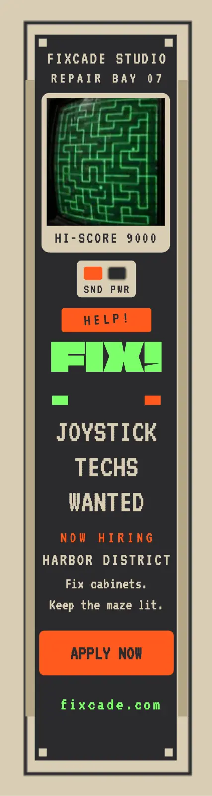 Fixcade joystick tech hiring skyscraper template