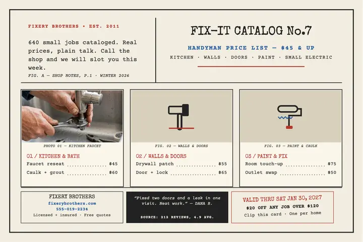 Fixery Brothers fix-it catalog postcard template