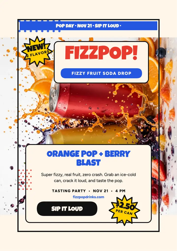 Fizzpop fizzy fruit drink drop flyer: fruit soda launch flyer template