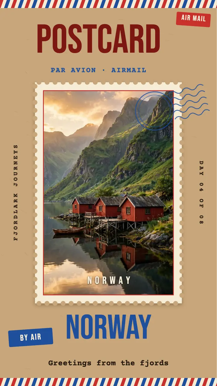 Norway fjord airmail postcard story template
