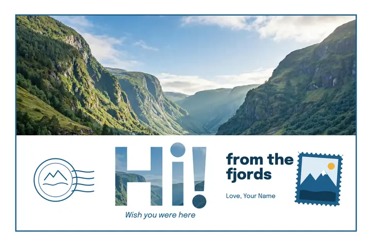 Fjord blue Hi! travel postcard template