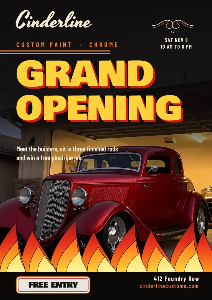 Cinderline Customs grand opening flyer template