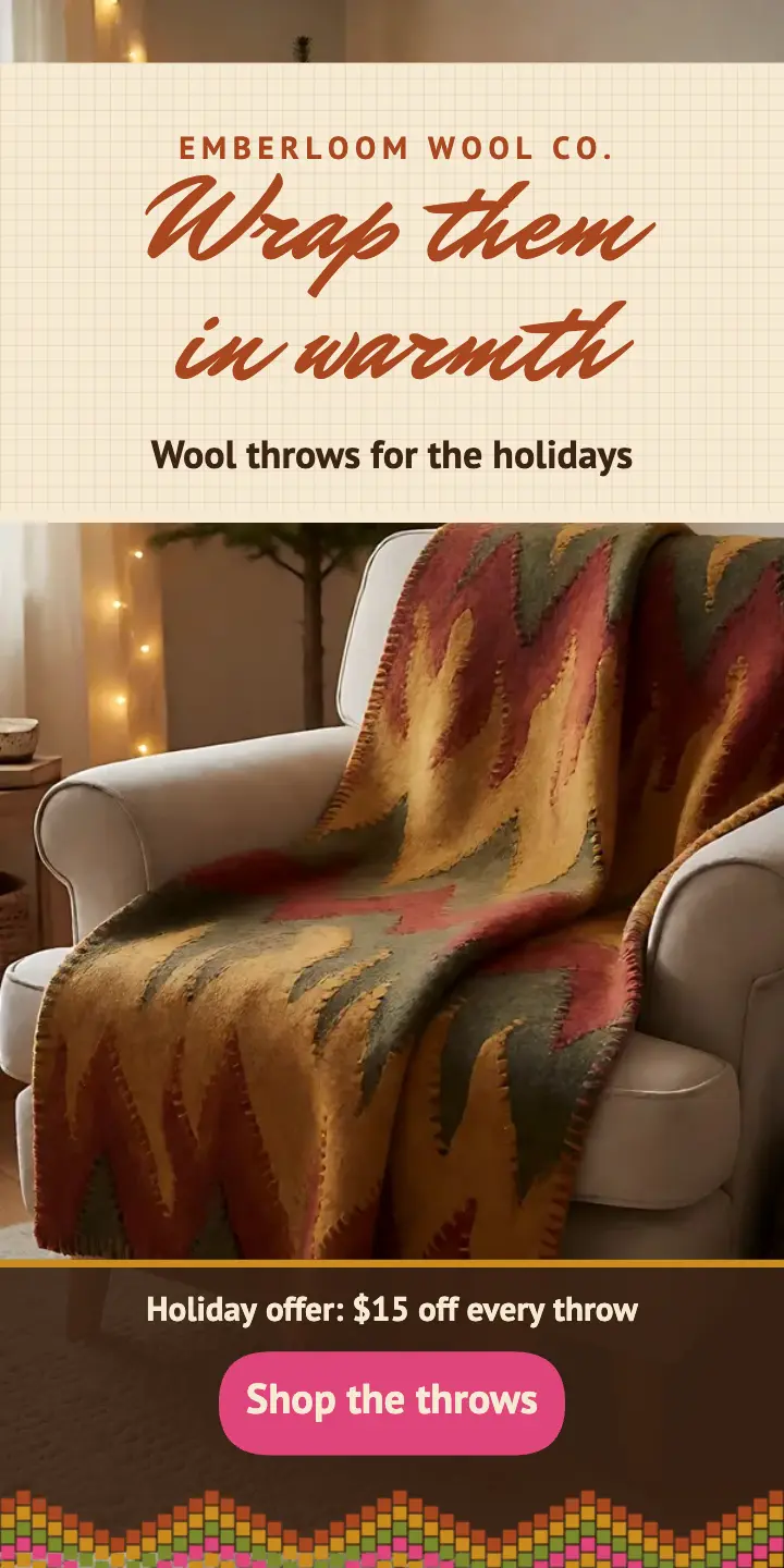 Emberloom Wool Co. holiday throw half-page ad: holiday gift ad template