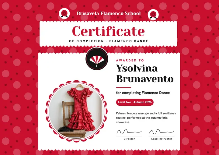 Brisavela Flamenco School completion certificate template