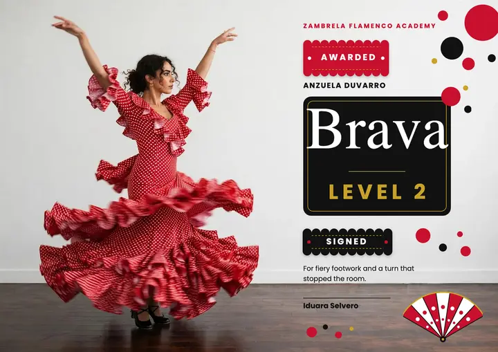 Flamenco dance course certificate, Level 2: flamenco course certificate template