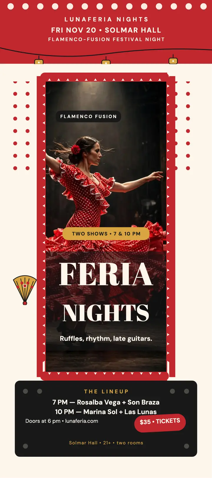 Lunaferia Nights flamenco festival rack card template