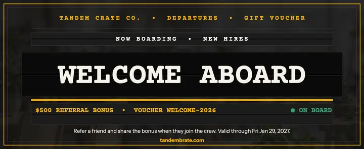 Tandem Crate welcome aboard flap voucher: welcome aboard voucher template