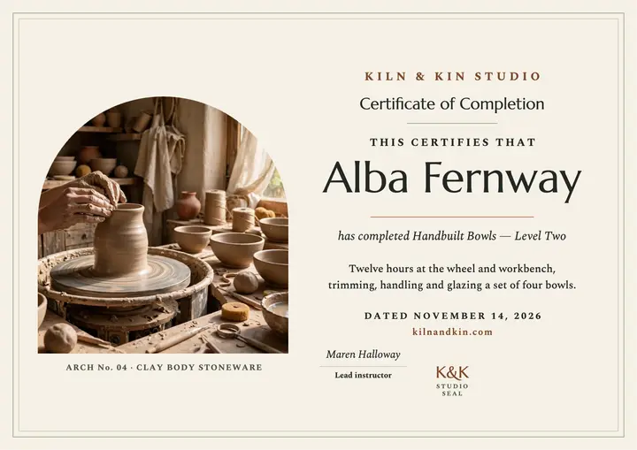 Kiln and Kin pottery course certificate: pottery certificate template
