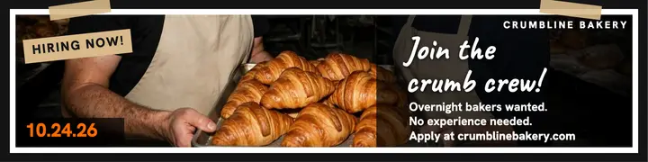 Crumbline Bakery hiring banner, flash photo template
