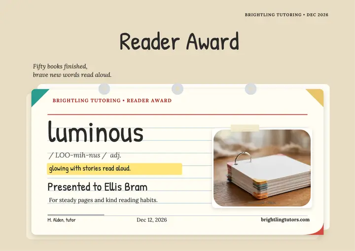 Brightling Tutoring reader award certificate template