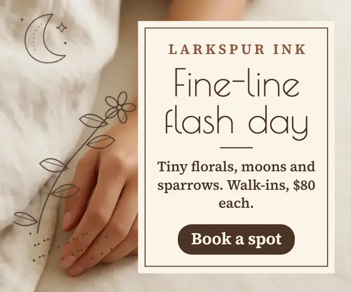 Larkspur Ink fine-line flash day ad: fine-line tattoo flash day ad template