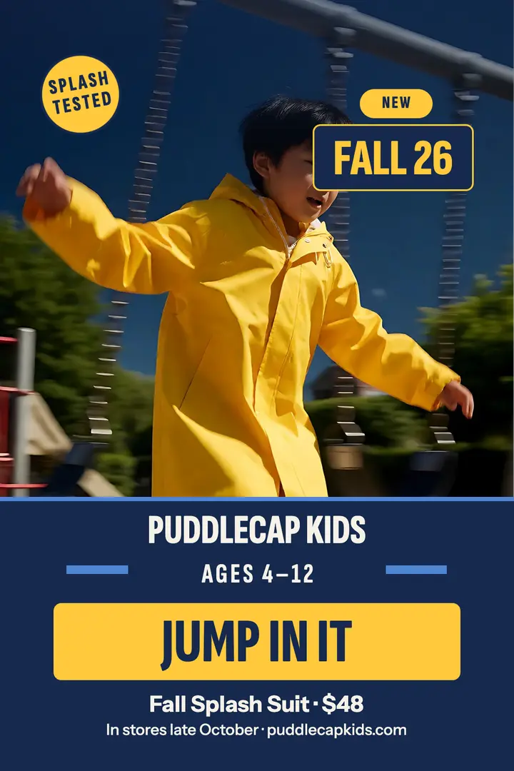 Puddlecap Kids yellow raincoat jump poster: kids raincoat poster template