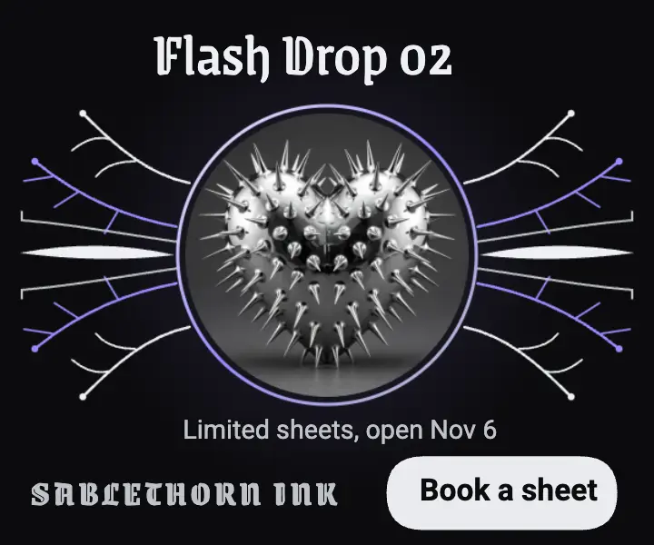 Sablethorn Ink flash sheet drop ad, cybersigilism template
