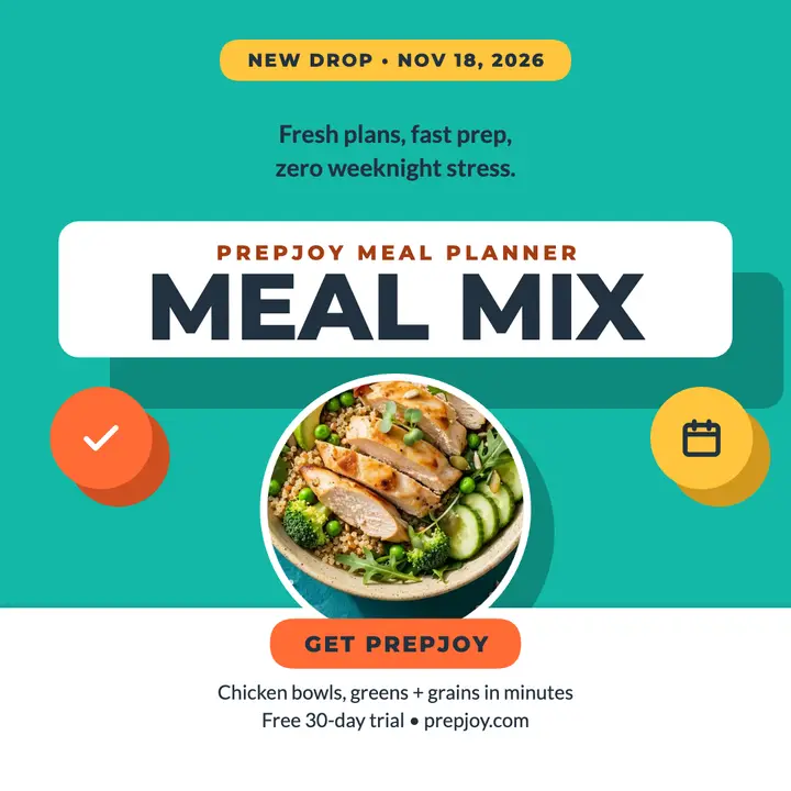 PrepJoy Meal Mix flat launch post: meal planner app launch template