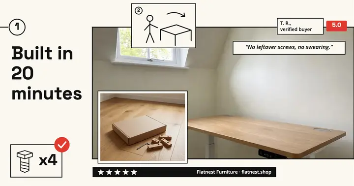 Flatnest desk review in assembly manual style: customer review post template