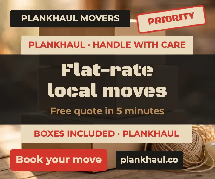 Plankhaul Movers flat-rate moves parcel tape ad: moving company ad template