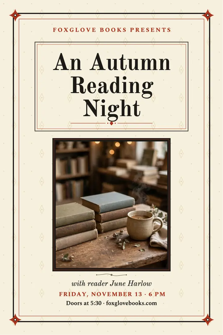 Foxglove Books autumn reading night poster template